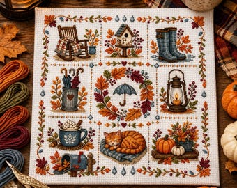 May include: A square cross-stitch sampler featuring a grid of autumn-themed illustrations including a rocking chair, birdhouse, rain boots, umbrella wreath, lantern, mug, sleeping cat, mailbox, and pumpkins, all bordered by fall foliage.