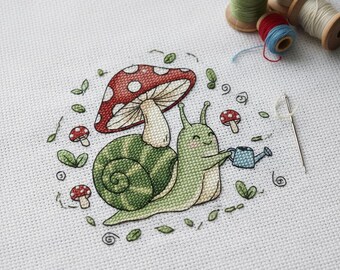 Whimsical Snail Mushroom Cross Stitch Pattern, Forestcore Fungi Digital PDF, Garden Watering Can Design