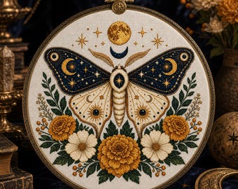 May include: A circular embroidery hoop containing a cross-stitch design of a moth with dark blue wings featuring gold crescent moons and stars. The moth is surrounded by yellow and white flowers with green leaves, set against a white fabric background.