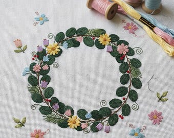 Floral Wreath Cross Stitch Pattern | Digital PDF Download | Modern Flower Embroidery