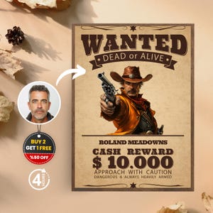 Cartel de búsqueda personalizado para él Retrato occidental personalizado para hombre Regalo de cumpleaños para esposo Retrato de vaquero para novio Archivo digital