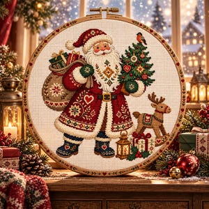 May include: A circular embroidery hoop containing a cross-stitch design of Santa Claus wearing a red coat with white trim, carrying a sack of gifts and a decorated Christmas tree. A small rocking reindeer, a lantern, and presents are at his feet.