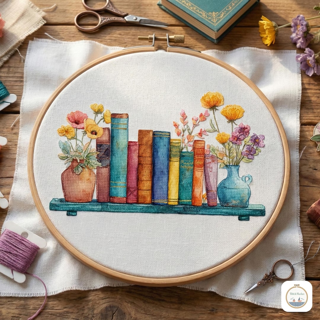 Floral Bookshelf Cross Stitch Pattern, Colorful Book Lover Embroidery ...
