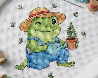 Instant Download Frog Cross Stitch PDF, Easy Gardening Lover Pattern