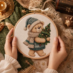 Può includere: Un telaio da ricamo rotondo in legno contenente un disegno a punto croce di un orsacchiotto marrone chiaro che indossa un cappello e una sciarpa a motivi blu e bianchi, mentre tiene un piccolo albero di Natale verde decorato con minuscoli ornamenti rossi e gialli.