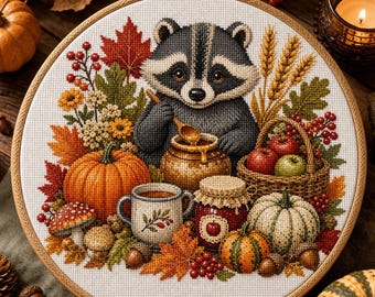 May include: A circular embroidery hoop containing a cross-stitch design of a raccoon holding a wooden spoon over a honey pot. The scene includes an orange pumpkin, a white pumpkin, a basket of apples, a mug, a jam jar, mushrooms, and autumn leaves.