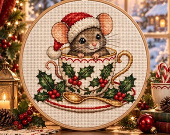 Counted Cross Stitch Pattern PDF, Cute Christmas Teacup Mouse Craft