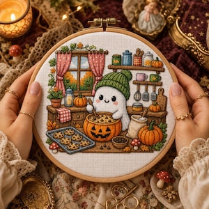 May include: A cross-stitch embroidery in a round wooden hoop depicting a white ghost wearing a green beanie, stirring a pumpkin-shaped bowl in a kitchen. The scene includes a window, shelves with jars, a tray of cookies, and orange pumpkins.