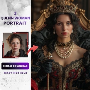 Portrait personnalisé de la reine royale : impression sur toile de style Renaissance (téléchargement numérique)