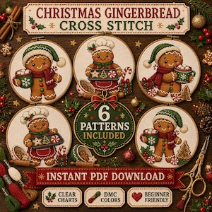 Puede incluir: Un conjunto de seis patrones de punto de cruz de pan de jengibre navideño con personajes de pan de jengibre con gorros y bufandas, algunos sosteniendo tazas o bandejas. Incluye etiquetas de texto para descarga instantánea en PDF, gráficos claros, colores DMC e instrucciones para principiantes.