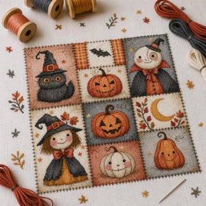 Puede incluir: Un bordado de punto de cruz sobre tela blanca con una cuadrícula de motivos de Halloween que incluye un gato negro con sombrero de bruja, calabazas, un fantasma con capa, una luna creciente y una bruja. Incluye carretes de hilo y una aguja.