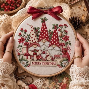 May include: A circular wooden embroidery hoop containing a cross-stitch design of three gnomes wearing red and white polka-dot hats, surrounded by poinsettias and gifts, with a banner at the bottom reading MERRY CHRISTMAS and a red satin bow.