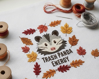 Funny Trash Panda Raccoon Cross Stitch Pattern | Instant Download PDF Embroidery Art