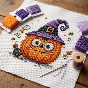 Witch Pumpkin Cross Stitch Pattern, Halloween Autumn Decor (Digital PDF)