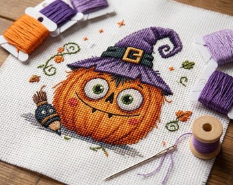 Witch Pumpkin Cross Stitch Pattern, Halloween Autumn Decor (Digital PDF)