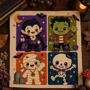 May include: A square cross-stitch embroidery featuring four cartoon characters in separate panels: a vampire in purple, a green monster in olive, a mummy in orange, and a skeleton in blue. Each character is surrounded by small stars and bats.