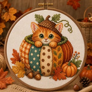 May include: A cross-stitch embroidery in a wooden hoop featuring an orange tabby kitten wearing an acorn cap, sitting inside a large, multi-patterned pumpkin. The design includes autumn leaves, a small pumpkin, and acorns on a white fabric background.