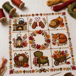 May include: A cross-stitch sampler on white fabric featuring a grid of autumn-themed motifs including a fireplace, mittens, pumpkin bread, a lantern, a wreath, a sleeping fox, yarn in a basket, an armchair, and a wheelbarrow filled with leaves.