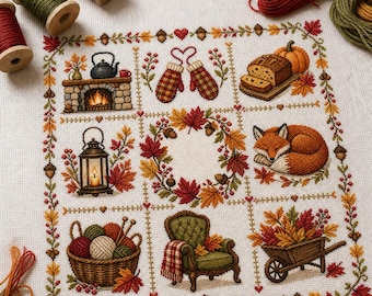 May include: A cross-stitch sampler on white fabric featuring a grid of autumn-themed motifs including a fireplace, mittens, pumpkin bread, a lantern, a wreath, a sleeping fox, yarn in a basket, an armchair, and a wheelbarrow filled with leaves.
