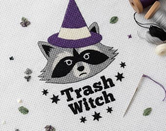 Funny Trash Witch Raccoon Cross Stitch Pattern, Digital PDF Embroidery Chart, Animal Lover Gift, Instant Download