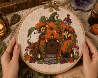 May include: A circular embroidery hoop featuring a cross-stitch design of a pumpkin house. A white ghost on a ladder decorates the pumpkin, which has a dark brown door, glowing windows, green vines, small bats, stars, and a snail on a stone path.