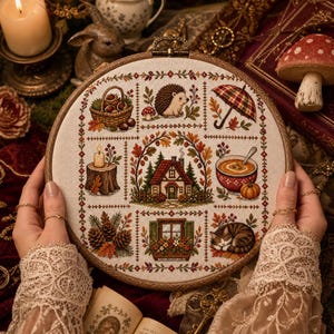 Può includere: Un telaio da ricamo circolare contenente un campionario a punto croce a tema autunnale. Il design presenta una casa centrale circondata da quadrati più piccoli che raffigurano un cesto di castagne, un riccio, un ombrello, una candela, una zuppa, pigne, una finestra e un gatto che dorme.