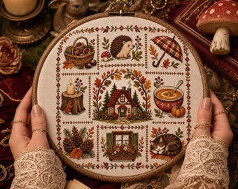 May include: A circular embroidery hoop containing a cross-stitch sampler with an autumn theme. The design features a central house surrounded by smaller squares depicting a basket of chestnuts, a hedgehog, an umbrella, a candle, soup, pinecones, a window, and a sleeping cat.