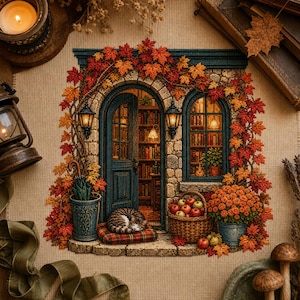 Può includere: Un ricamo a punto croce raffigurante un ingresso in pietra con porta e finestra blu, circondato da foglie d'acero autunnali. Un gatto dorme su un cuscino a quadri, con un cesto di mele rosse, fiori in vaso e due lanterne da parete.