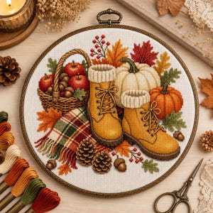 May include: A circular embroidery hoop containing a cross-stitch pattern of a pair of yellow lace-up boots, a woven basket filled with red apples, a white pumpkin, an orange pumpkin, pinecones, and a plaid blanket on white fabric.