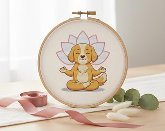 Meditating Dog Cross Stitch Pattern, Zen Puppy PDF, Cute Animal Embroidery Chart, Instant Download Needlepoint