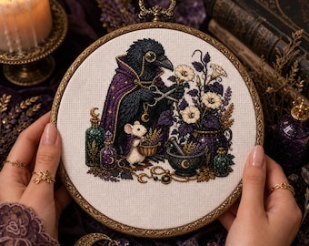 Enchanted Raven Alchemist Cross Stitch PDF, Whimsical Fantasy Decor, Instant Download DIY Pattern