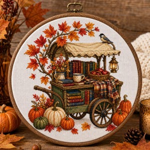 May include: A circular embroidery hoop containing a cross-stitch design of a wooden cart filled with books, a basket of apples, and a mug. The cart is decorated with autumn maple leaves, a plaid blanket, and a lantern, with pumpkins at the base.