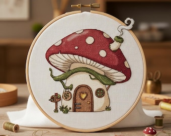 Instant Download Mushroom House Cross Stitch Pattern | Cute Fairy Cottage PDF for Quick Crafting
