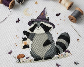 Whimsical Raccoon Cross Stitch Pattern, Witch Hat Lantern Forest Animal PDF Chart