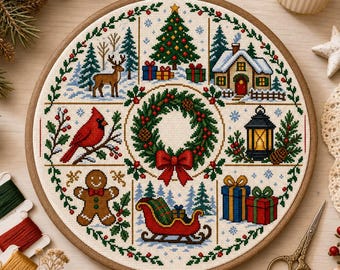 May include: A circular wooden embroidery hoop containing a cross-stitch pattern featuring a central wreath surrounded by six panels depicting a deer, a decorated Christmas tree, a snowy house, a red cardinal, a lantern, a gingerbread man, a sleigh, and gifts.