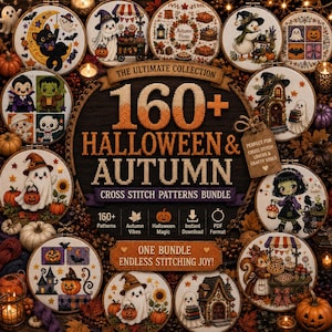 Può includere: Una collezione digitale di oltre 160 schemi a punto croce per Halloween e autunno, con vari disegni circolari raffiguranti fantasmi, zucche, streghe e motivi stagionali, presentati con un titolo centrale e icone per il download immediato in PDF.