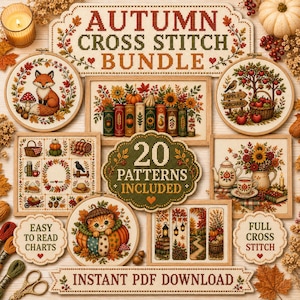 Op de afbeelding: Een herfst kruissteekpakket met 20 patronen met seizoensgebonden motieven zoals een vos, appelboomgaard, pompoenen en bloemstukken. De collectie bevat gemakkelijk leesbare schema's en is beschikbaar als een directe PDF-download.