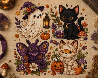 May include: A cross-stitch embroidery on beige fabric featuring four Halloween-themed characters: a white ghost in a purple hat, a black cat with a crescent moon collar, a purple moth, and a fox wrapped in bandages, surrounded by pumpkins and mushrooms.
