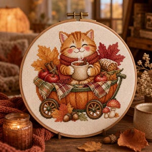 May include: A circular embroidery hoop containing a cross-stitch design of an orange tabby cat wearing a red scarf and holding a mug. The cat sits in a pumpkin-shaped cart with red apples, cinnamon sticks, autumn leaves, and mushrooms.