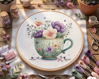 May include: A completed cross-stitch embroidery featuring a teacup overflowing with flowers in shades of purple, pink, and white. The design is set in a wooden embroidery hoop, surrounded by embroidery floss, scissors, and small jars of decorative elements.