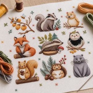 Op de afbeelding: Een kruissteek borduurpatroon op witte stof met diverse bosdieren zoals een eekhoorn, vos, das, egel en uil, omringd door kleine botanische elementen zoals eikels, dennentakken en bessen.