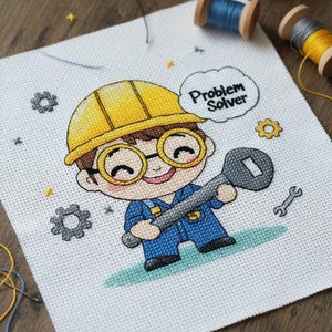 May include: Cross-stitch embroidery featuring a smiling cartoon character in a yellow hard hat and glasses, holding a wrench. The text "Problem Solver" is in a speech bubble. Gears and a wrench are also stitched.