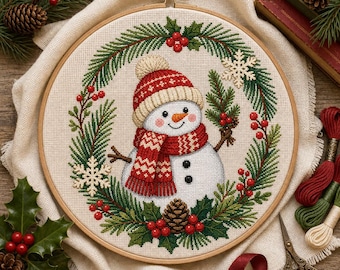 May include: A cross-stitch embroidery in a wooden hoop featuring a snowman wearing a red and white patterned hat and scarf, centered within a wreath of green pine branches, red berries, pinecones, and white snowflakes on beige fabric.