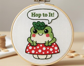 Funny Frog Cross Stitch Pattern PDF, 'Hop to It' Mushroom Art, Instant Download Unique Crafter Gift, Cute Animal Design