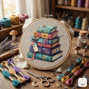 May include: A cross-stitch embroidery hoop featuring a stack of colorful, detailed books. The books are in shades of teal, pink, and gold, with intricate designs. Embroidery floss, scissors, and other craft supplies surround the hoop on a wooden surface.