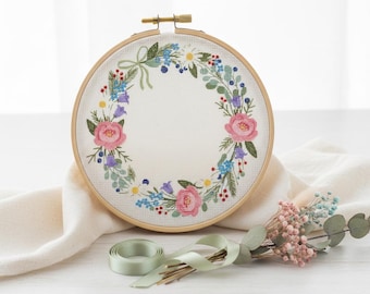 Instant Download Floral Wreath Cross Stitch Pattern, Easy Beginner Rose PDF Chart, DIY Decor Kit