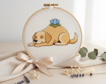 Golden Retriever Cross Stitch Pattern, Sleeping Puppy Lotus Flower PDF, Cute Dog Art Digital Download