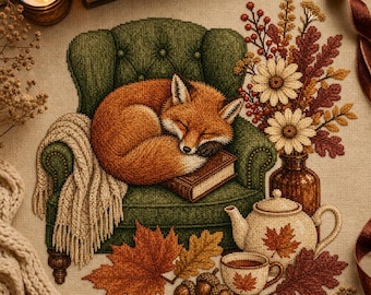 May include: A cross-stitch embroidery featuring a sleeping orange fox curled up on a green tufted armchair. The scene includes a book, a cream-colored throw blanket, a vase with autumn flowers, a teapot, a teacup, and scattered maple leaves.