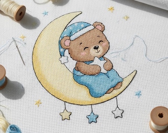 Nursery Bear Cross Stitch Pattern, Moon Star Sleepy Animal PDF, Digital Baby Room Art Instant Download
