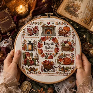 May include: A round wooden embroidery hoop containing a cross-stitch pattern on white fabric. The design features a central wreath of autumn leaves with the text Hearth & Home Autumn, surrounded by icons of a fireplace, pumpkin, lantern, chair, and fox.